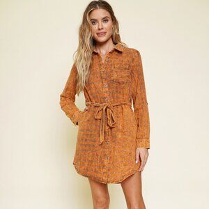 MYSTREE Burnt Orange Plaid Button Front Shirt Dress with Tie Waist